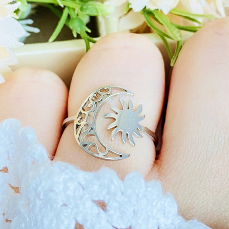 Inel Reglabil Luna Soare Argintiu, Inele Otel Inoxidabil, Inele Dama [3]