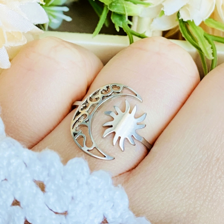 Inel Reglabil Luna Soare Argintiu, Inele Otel Inoxidabil, Inele Dama [4]