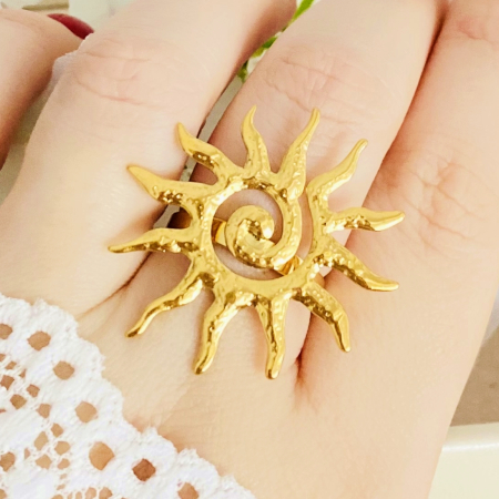 Inel Reglabil Soare Mare Auriu, Inele Otel Inoxidabil, Inele Dama [4]