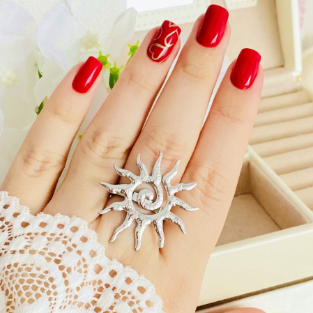 Inel Reglabil Soare Mare Argintiu, Inele Otel Inoxidabil, Inele Dama [3]