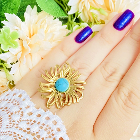 Inel Reglabil Floare Turcoaz, Inele Otel Inoxidabil, Inele Dama [1]