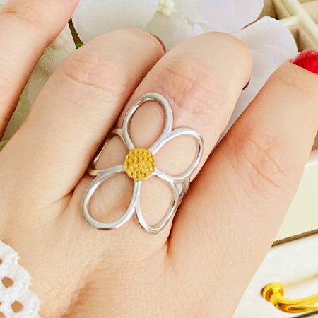 Inel Reglabil Floare Mare Argintie, Inele Otel Inoxidabil, Inele Dama [3]