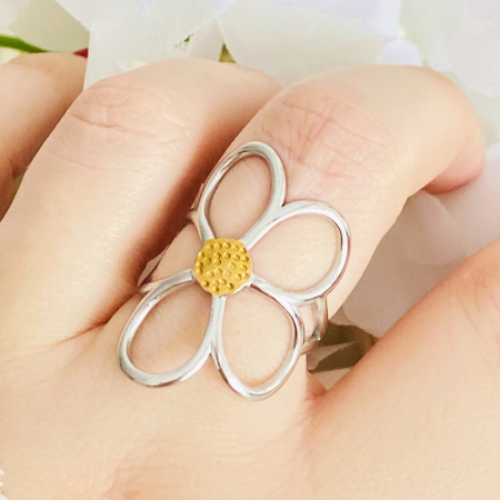 Inel Reglabil Floare Mare Argintie, Inele Otel Inoxidabil, Inele Dama [1]