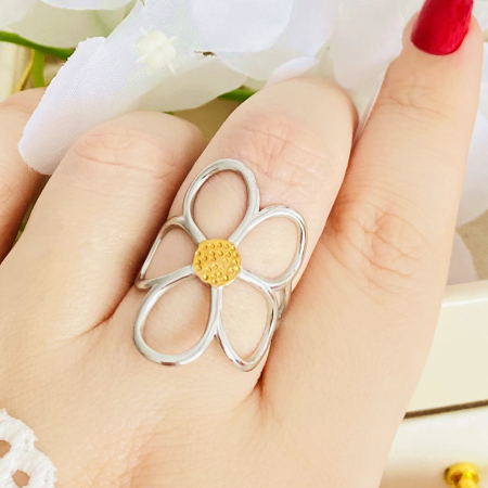 Inel Reglabil Floare Mare Argintie, Inele Otel Inoxidabil, Inele Dama [4]