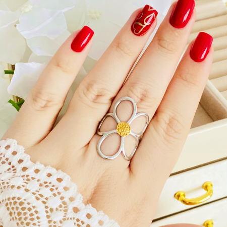 Inel Reglabil Floare Mare Argintie, Inele Otel Inoxidabil, Inele Dama [2]