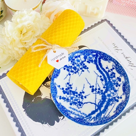 VINTAGE HOME - Lumanare Ceara Albine si Farfurie Portelan Vintage, Set Cadou Lumanari Handmade