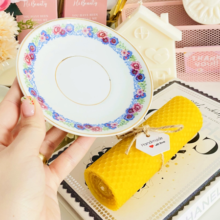 Lumanare Ceara Albine si Farfurie Portelan Vintage, Set Cadou Lumanari Handmade [3]