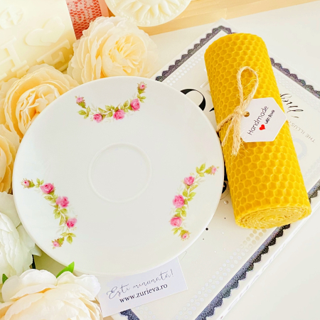 LUMANARI - Lumanare Ceara Albine si Farfurie Portelan Vintage, Set Cadou Lumanari Handmade