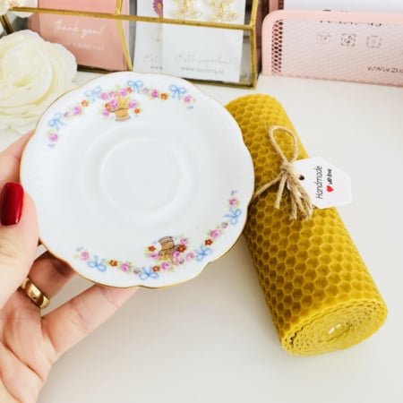 VINTAGE HOME - Lumanare Ceara Albine si Farfurie Portelan Vintage, Set Cadou Lumanari