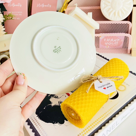 Lumanare Ceara Albine si Farfurie Portelan Vintage, Set Cadou Lumanari Handmade [4]