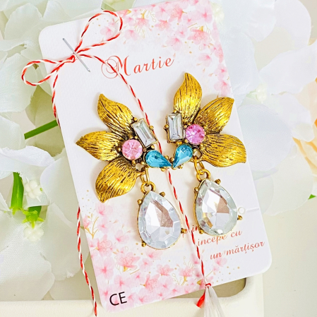 Cercei cu Surub - Martisor Cercei Flori Aurii, Cercei Dama, Bijuterii Femei, Martisoare Martie