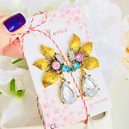 Martisor Cercei Flori Aurii, Cercei Dama, Bijuterii Femei, Martisoare Martie [1]