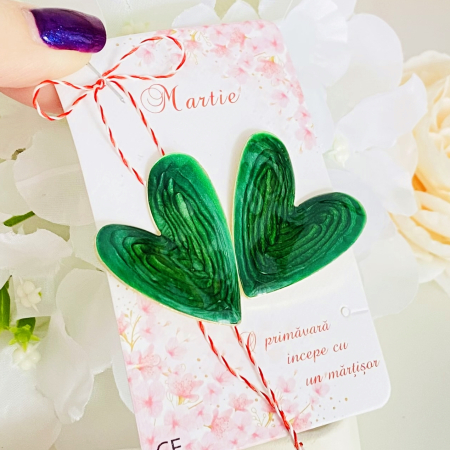 Cercei cu Surub - Martisor Cercei Inimi Verde Smarald, Cercei Dama, Bijuterii Femei, Martisoare Martie
