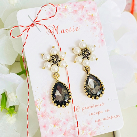 Cercei cu Surub - Martisor Cercei Flori Cristale Gri, Cercei Dama, Bijuterii Femei, Martisoare Martie