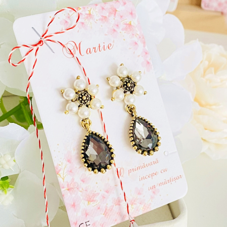 Martisor Cercei Flori Cristale Gri, Cercei Dama, Bijuterii Femei, Martisoare Martie [2]