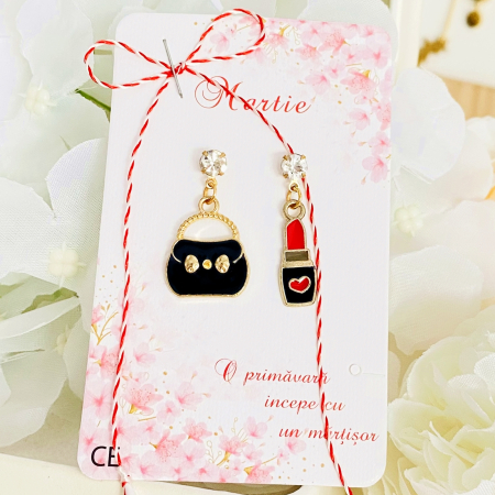 BIJUTERII - Martisor Cercei Ruj & Geanta, Cercei Dama, Bijuterii Femei, Martisoare Martie