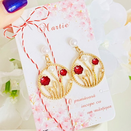 Cercei cu Surub - Martisor Cercei Flori Rosii, Cercei Dama, Bijuterii Femei, Martisoare Martie
