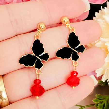 MARTISOR - Martisor Cercei Fluturi Negri Cristale Rosii, Cercei Dama, Bijuterii Femei, Martisoare Martie