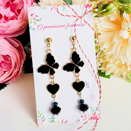 Martisor Cercei Fluturi Inimi Negre, Cercei Dama, Bijuterii Femei, Martisoare Martie [3]