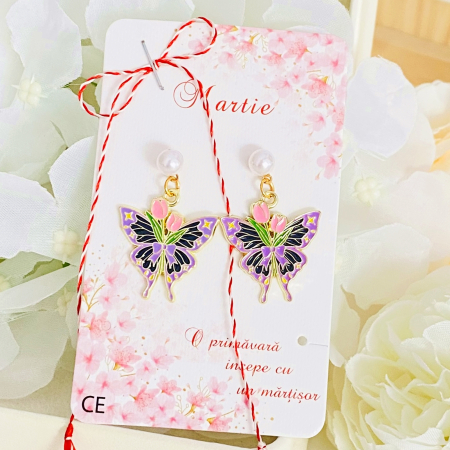 BIJUTERII - Martisor Cercei Fluturi Mov Lalele, Cercei Dama, Bijuterii Femei, Martisoare Martie