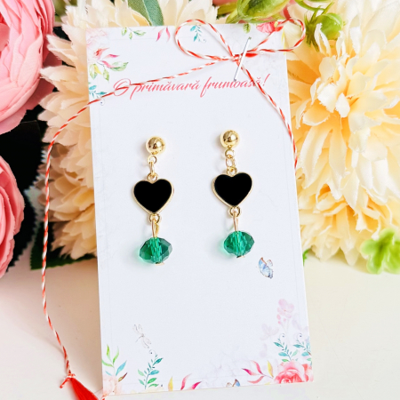BIJUTERII - Martisor Cercei Inimi Negre Cristale Verde Smarald, Cercei Dama, Bijuterii Femei, Martisoare Martie