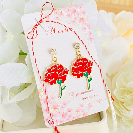 Martisor Cercei Garoafe Rosii, Cercei Dama, Bijuterii Femei, Martisoare Martie [1]