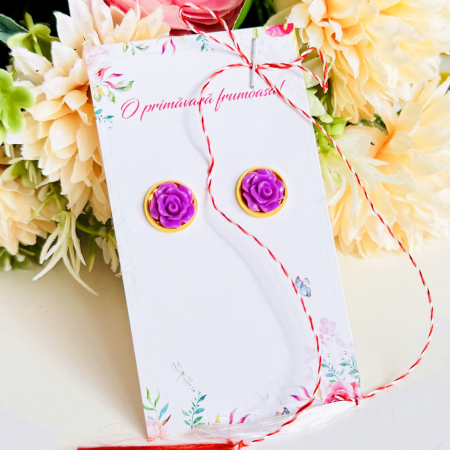 BIJUTERII - Martisor Cercei Mini Trandafiri Mov, Cercei Dama, Bijuterii Femei, Martisoare Martie