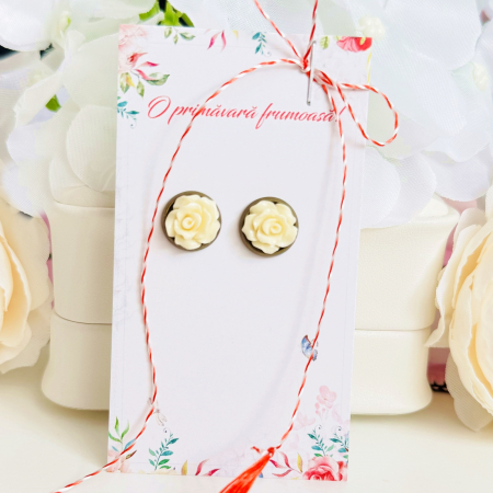 BIJUTERII - Martisor Cercei Mini Trandafiri Crem, Cercei Dama, Bijuterii Femei, Martisoare Martie