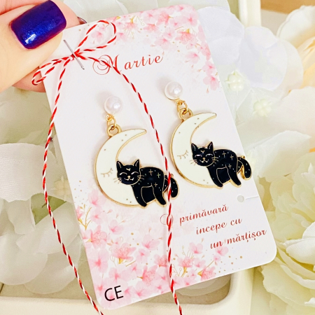 Martisor Cercei Pisici Negre Luna, Cercei Dama, Bijuterii Femei, Martisoare Martie [1]