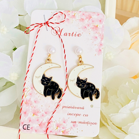 BIJUTERII - Martisor Cercei Pisici Negre Luna, Cercei Dama, Bijuterii Femei, Martisoare Martie