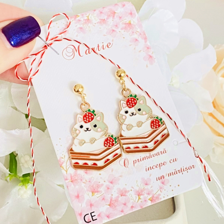 Cercei cu Surub - Martisor Cercei Pisici & Prajitura, Cercei Dama, Bijuterii Femei, Martisoare Martie