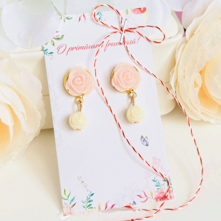BIJUTERII - Martisor Cercei Trandafiri Roz Crem, Cercei Dama, Bijuterii Femei, Martisoare Martie