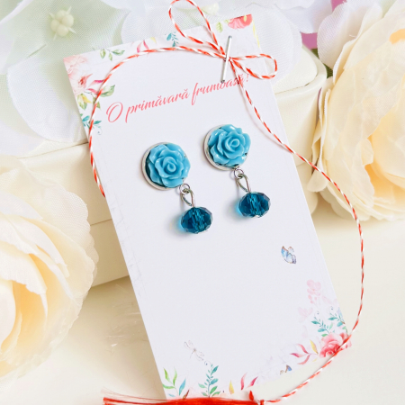 Martisor Cercei Trandafiri Albastri, Cercei Dama, Bijuterii Femei, Martisoare Martie [1]