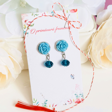 BIJUTERII - Martisor Cercei Trandafiri Albastri, Cercei Dama, Bijuterii Femei, Martisoare Martie