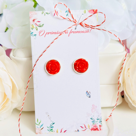 BIJUTERII - Martisor Cercei Mini Trandafiri Rosii, Cercei Dama, Bijuterii Femei, Martisoare Martie