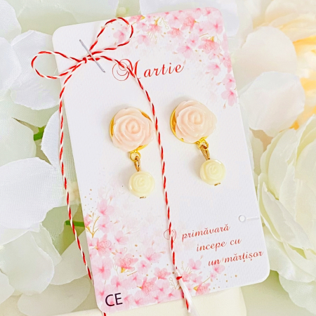 MARTISOR - Martisor Cercei Trandafiri Roz Crem, Cercei Dama, Bijuterii Femei, Martisoare Martie