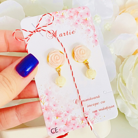 Martisor Cercei Trandafiri Roz Crem, Cercei Dama, Bijuterii Femei, Martisoare Martie [1]