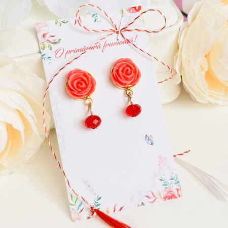 BIJUTERII - Martisor Cercei Trandafiri Roz Somon, Cercei Dama, Bijuterii Femei, Martisoare Martie