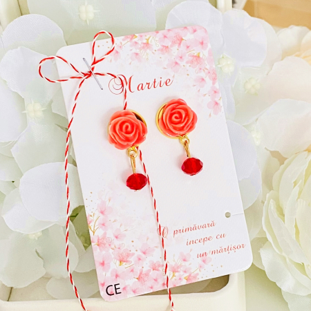MARTISOR - Martisor Cercei Trandafiri Roz Somon, Cercei Dama, Bijuterii Femei, Martisoare Martie