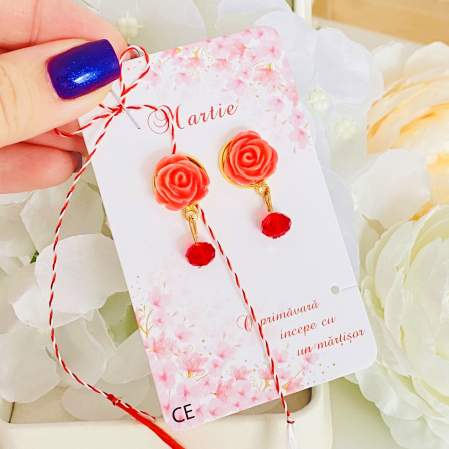 Martisor Cercei Trandafiri Roz Somon, Cercei Dama, Bijuterii Femei, Martisoare Martie [1]
