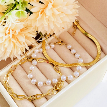 Set 3 Bratari Aurii Perlute Otel Inoxidabil, Bijuterii Inox, Bratari Dama [3]