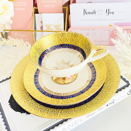 Set Mic Dejun Auriu & Albastru Bavaria, Portelan Vintage [4]