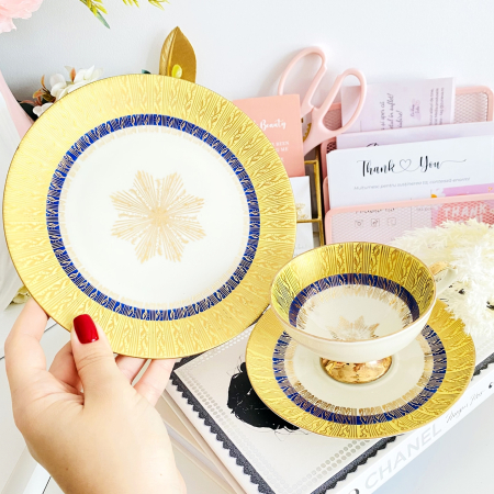 Set Mic Dejun Auriu & Albastru Bavaria, Portelan Vintage [1]