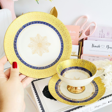 Set Mic Dejun Auriu & Albastru Bavaria, Portelan Vintage [3]