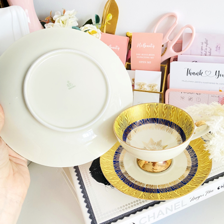 Set Mic Dejun Auriu & Albastru Bavaria, Portelan Vintage [5]