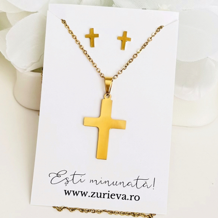 Set Colier & Cercei Cruciulite Aurii - Otel Inoxidabil, Bijuterii Inox, Cadouri Femei [3]