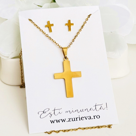 Set Colier & Cercei Cruciulite Aurii - Otel Inoxidabil, Bijuterii Inox, Cadouri Femei [4]