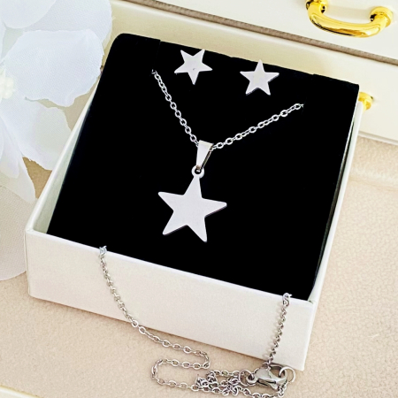 Set Colier & Cercei Stele Argintii - Otel Inoxidabil, Bijuterii Inox, Cadouri Femei [1]