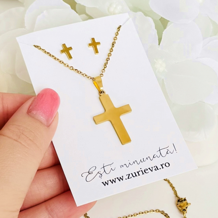 Set Colier & Cercei Cruciulite Aurii - Otel Inoxidabil, Bijuterii Inox, Cadouri Femei [1]