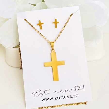 Set Colier & Cercei Cruciulite Aurii - Otel Inoxidabil, Bijuterii Inox, Cadouri Femei [2]